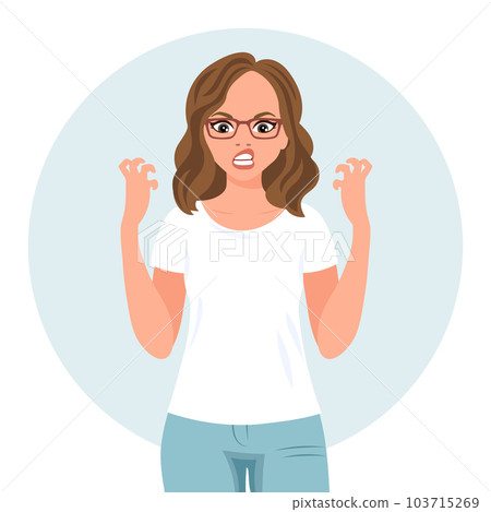 Aggressive woman with angry expression gesturing with her hands. Human emotions. Flat style illustration, vector 103715269