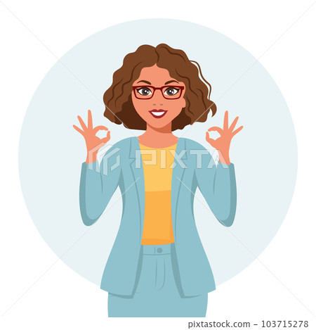 Woman with joyful expression shows hand ok, gesture. The concept of human emotions. Flat style illustration, vector 103715278