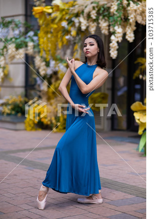 Beautiful Asian ballerina posing against the backdrop of a building decorated with flowers. Beautiful Asian ballerina posing against the backdrop of a building decorated with flowers. 103715385
