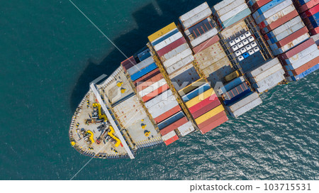 Aerial view container cargo ship, Global business import export logistic and transportation freight shipping of international by container cargo ship in the open sea, Container cargo vessel freight Aerial view container cargo ship, Global business import export logistic and transportation freight shipping of international by container cargo ship in the open sea, Container cargo vessel freight 103715531