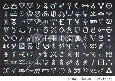 Hundreds of glyphs used in Alchemy drawn on a Blackboard Hundreds of glyphs used in Alchemy drawn on a Blackboard 103715938