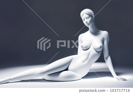 An abstract sculpture, a three-dimensional digital model or a futuristic form of a full-length naked woman sitting on the ground on a dark background. Generative AI. 103717718