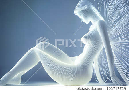 An abstract sculpture, three-dimensional digital model or futuristic shape of a naked butterfly woman in full height is made of glowing white neon strips on a light blue background. Generative AI. 103717719