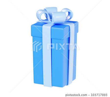 Gift box 3d render illustration - closed blue cube present pack decorated with ribbon and bow. Festive colorful square package with surprise. Decoration for birthday or Christmas design. 103717893