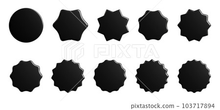 Black starburst sticker 3d render set - collection of round sun burst or star shape badges for promo. Price or offer label with copy space. Empty emblem for sale or discount concept. 103717894