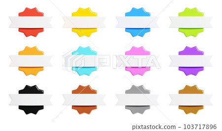 Starburst sticker 3d render set - collection of round sun burst or star shape badges for promo. Price or offer label with copy space. Empty emblem of different colours for sale or discount concept. 103717896