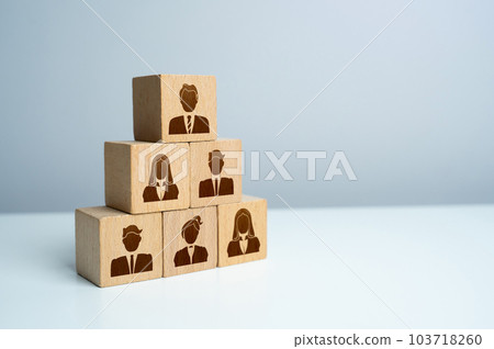 Pyramid of blocks with workers. Putting people in their places. Assemble a team of employees. How many workers can you effectively manage. Hiring and recruiting new members. 103718260