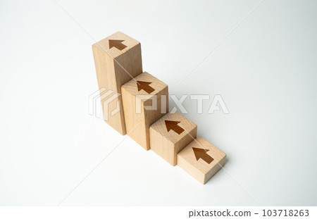 Steps with arrows going up. Growth and achieve new heights. Uptrend. Upward trend. Increasing chart. Raise and grow. Movement towards the goal. Motivation, self-development. Achieve success 103718263