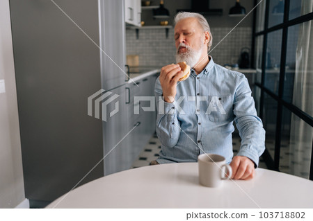 Portrait of happy excited bearded mature elderly male eating fast food enjoying dinner at home, eyes closed. Hungry senior man eating alone delicious burger sitting at table in kitchen room. Portrait of happy excited bearded mature elderly male eating fast food enjoying dinner at home, eyes closed. Hungry senior man eating alone delicious burger sitting at table in kitchen room. 103718802