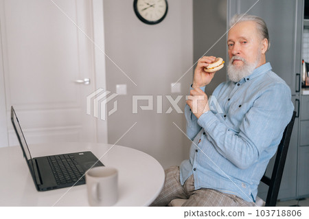 Portrait of aged gray-haired man eating hamburger with beef from fast food restaurant watching online cinema on laptop computer, looking at camera, sitting at table in modern kitchen room. Portrait of aged gray-haired man eating hamburger with beef from fast food restaurant watching online cinema on laptop computer, looking at camera, sitting at table in modern kitchen room. 103718806