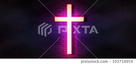 Neon cross web banner. Glowing christian wide Neon cross web banner. Glowing christian wide 103718959