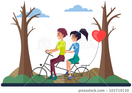 Girl and guy on bike, walk in park destroyed by human activity. Dirty, dry, greenless nature 103719130