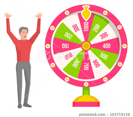 Game fortune wheel concept. Man playing risk game with fortune wheel and lottery, gambling template 103719138