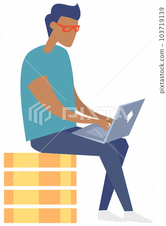 Young man working with laptop sitting on stack of golden coins, makes money mining cryptocurrency Young man working with laptop sitting on stack of golden coins, makes money mining cryptocurrency 103719139