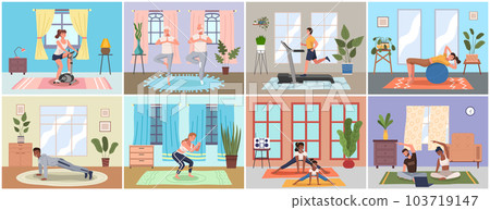 Sport at home scenes set. Training during quarantine. People go in for sports. Stay home concept 103719147