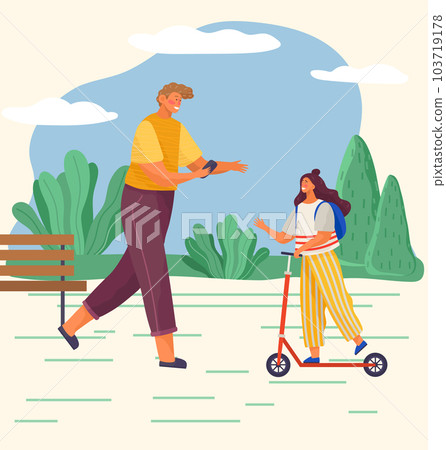 Family walk in the park in spring or summer. Dad and his daughter enjoy a stroll in the fresh air Family walk in the park in spring or summer. Dad and his daughter enjoy a stroll in the fresh air 103719178