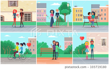 Set of illustrations on the theme of dating in the park. People in a relationship walk outdoors Set of illustrations on the theme of dating in the park. People in a relationship walk outdoors 103719180