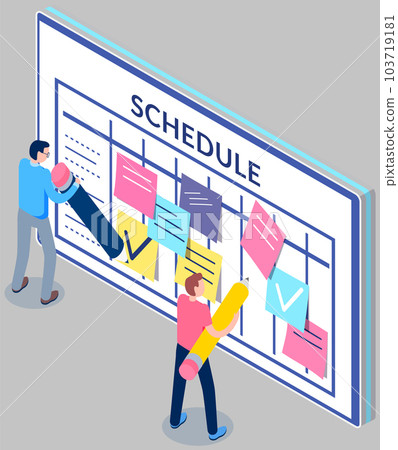 Business planning and scheduling concept. Group of employee stick papers with schedule for week Business planning and scheduling concept. Group of employee stick papers with schedule for week 103719181