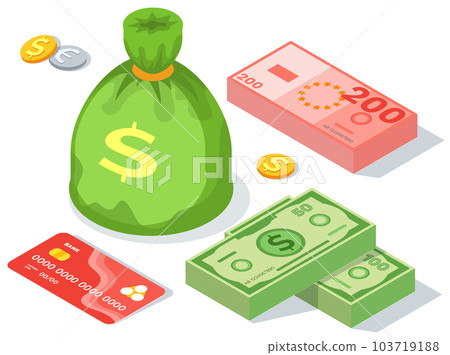 Means of payment various elements. Concept of big money. Big pile of cash. Credit bank card, bag Means of payment various elements. Concept of big money. Big pile of cash. Credit bank card, bag 103719188