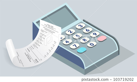 Payment check paper document near the cash register. Buying financial invoice bill isometric 103719202