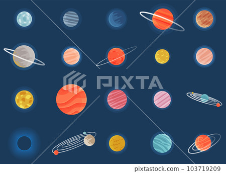 Set of cartoon fantastic planet on dark blue space background. Collection of cosmic objects Set of cartoon fantastic planet on dark blue space background. Collection of cosmic objects 103719209
