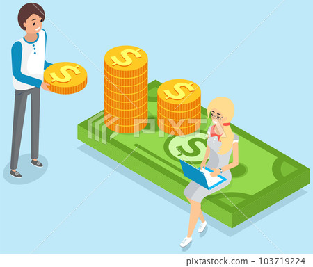 Woman sitting on stack of cash dollars. Businessman earning money holding coins. Savings, storage Woman sitting on stack of cash dollars. Businessman earning money holding coins. Savings, storage 103719224