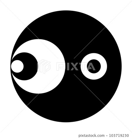 Symbol with six black and white circles, three on the left side, of a big black circle, and two centered in the right half. Modeled after a crop circle pattern, found near Capriano del Colle in Italy. 103719230