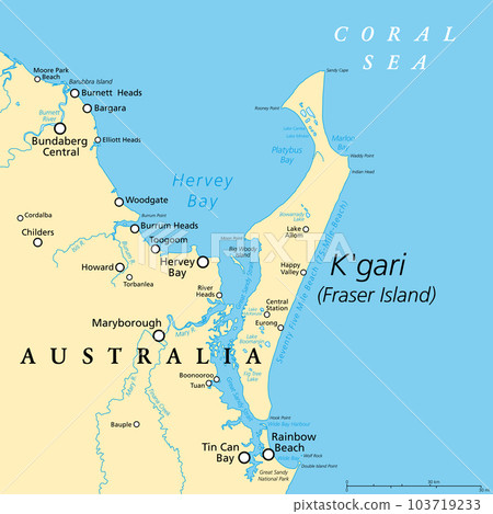 Kgari, formerly Fraser Island, political map. Worlds largest sand island, along the coast of Queensland, Australia, with a 75-Mile-Beach. Inhabited for at least 5000 years by Aboriginal Australians. 103719233
