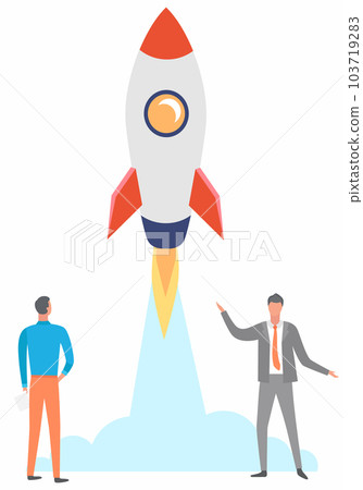 Rocket ship flat style flies up. Happy men follow ship. Project start up and development process 103719283