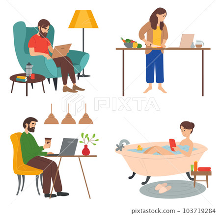 Set of people at home in various situations, people relax, do household chores, surfing the Internet 103719284