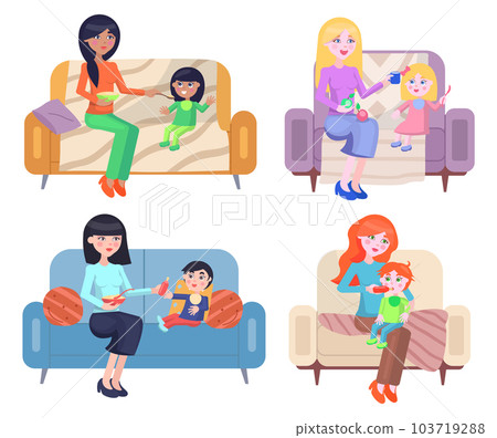 Set of illustrations on the theme of mothers feed children. Woman with child on maternity leave 103719288