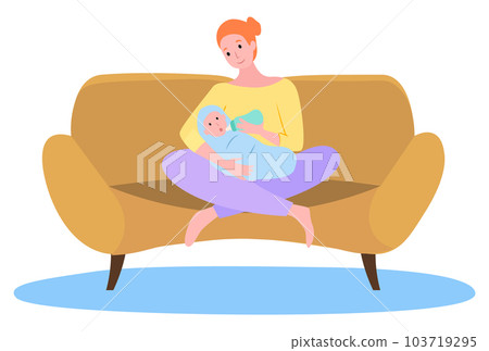 Mom is holding in her arms a small baby, feeding him with a bottle sitting on the sofa on white Mom is holding in her arms a small baby, feeding him with a bottle sitting on the sofa on white 103719295