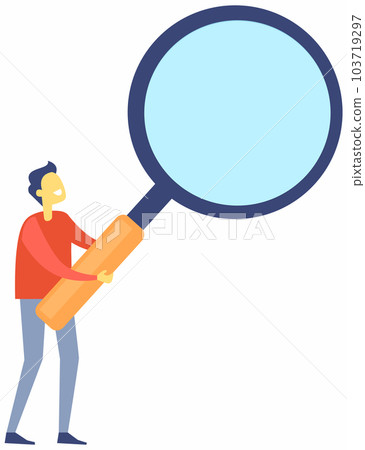 Simple cartoon of male chatacter using magnifying glass, person with loupe isolated on white 103719297