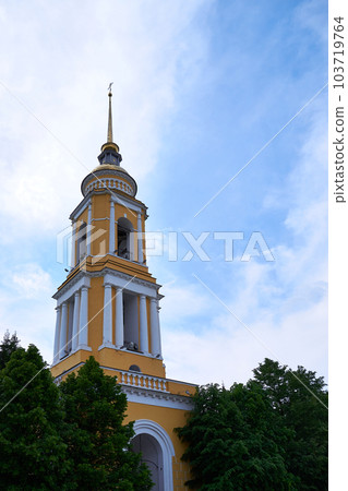 Kolomna, Russia - May 30, 2023: High ancient bell tower in the Kolomna Kremlin against the sky Kolomna, Russia - May 30, 2023: High ancient bell tower in the Kolomna Kremlin against the sky 103719764