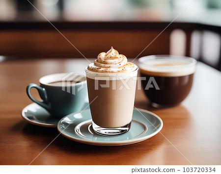 Cozy realistic coffee with warm lighting. 103720334