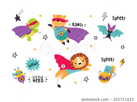 Funny Animal Superhero Dressed in Cape or Cloak Vector Illustration Set 103721833