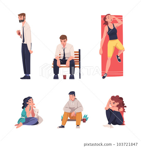 Tired Young Man and Woman Vector Illustration Set 103721847