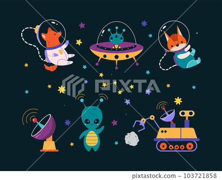 Space Adventure with Animal Astronaut Character and Alien Vector Set Space Adventure with Animal Astronaut Character and Alien Vector Set 103721858