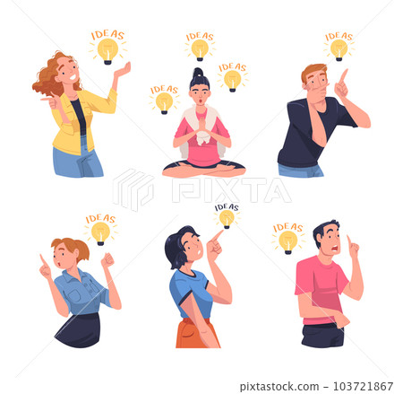 Man and Woman with Glowing Light Bulb Having Idea Vector Illustration Set 103721867