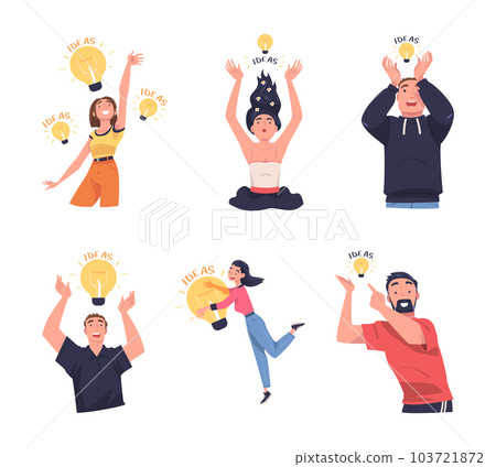 Man and Woman with Glowing Light Bulb Having Idea Vector Illustration Set Man and Woman with Glowing Light Bulb Having Idea Vector Illustration Set 103721872