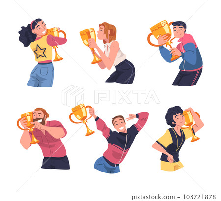 Man and Woman Winner Holding Golden Cup as Trophy and Award Vector Illustration Set Man and Woman Winner Holding Golden Cup as Trophy and Award Vector Illustration Set 103721878