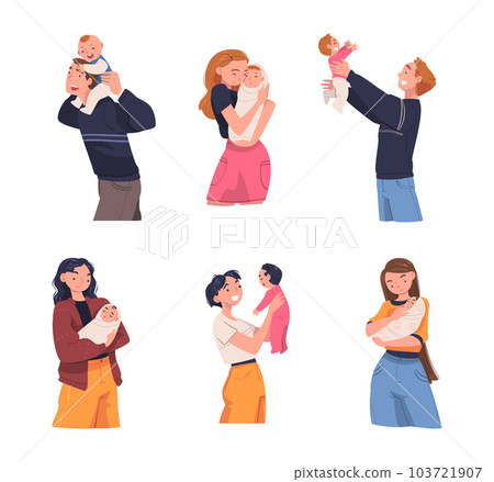 Man and Woman Character Holding Baby with Arms Nursing Him Vector Illustration Set Man and Woman Character Holding Baby with Arms Nursing Him Vector Illustration Set 103721907