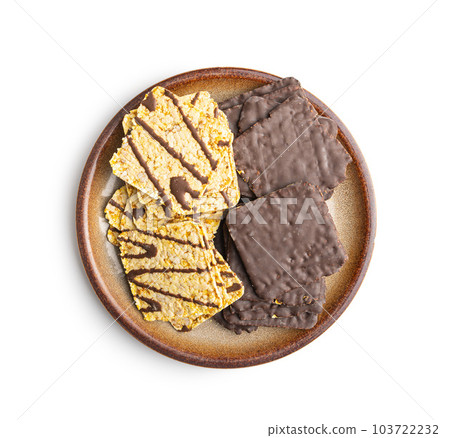 Puffed corn crackers chocolate covered isolated on white background. Puffed corn crackers chocolate covered isolated on white background. 103722232