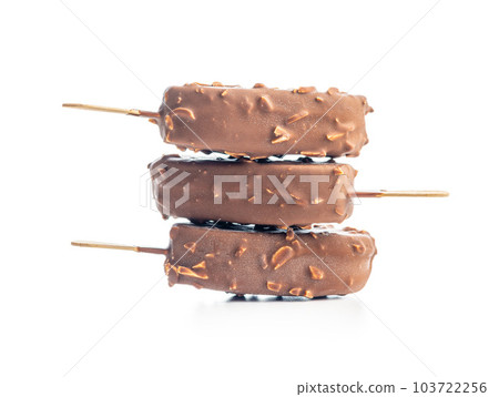 Popsicle, ice cream covered with chocolate isolated on white background. 103722256
