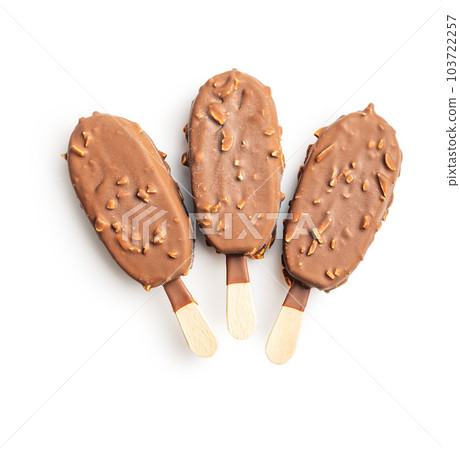 Popsicle, ice cream covered with chocolate isolated on white background. 103722257