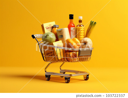 Various items in metal trolley for shopping. Generative AI. 103722337