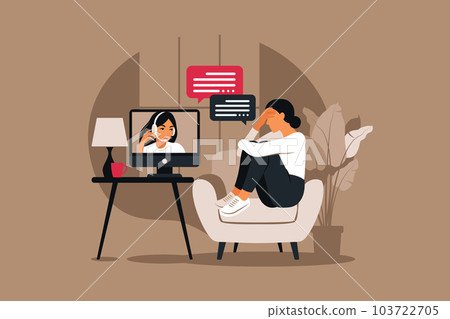Online therapy and counselling under stress and depression. Young woman psychotherapist supports female with psychological problems. Vector 103722705