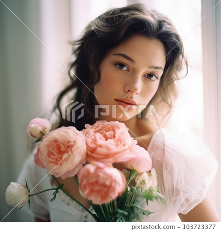Portrait of a gorgeous bride with a bouquet of peonies. Created with Generative AI technology Portrait of a gorgeous bride with a bouquet of peonies. Created with Generative AI technology 103723377