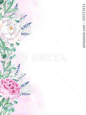 Floral background card. Wedding invitation template with white and pink peonies, lavender, gypsophila, and eucalyptus, purple watercolor splashes. For save the date, greeting cards, poster, and cover 103723414