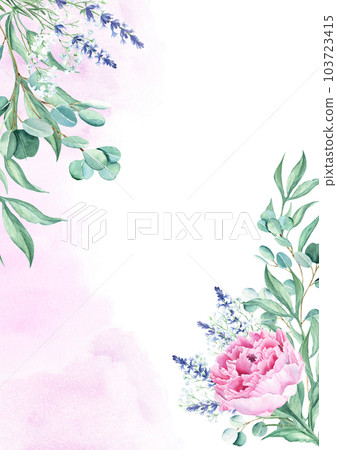 Floral background card. Wedding invitation template with pink peony, lavender, gypsophila, and eucalyptus, purple watercolor splashes. For save the date, greeting cards, poster, and cover design. 103723415